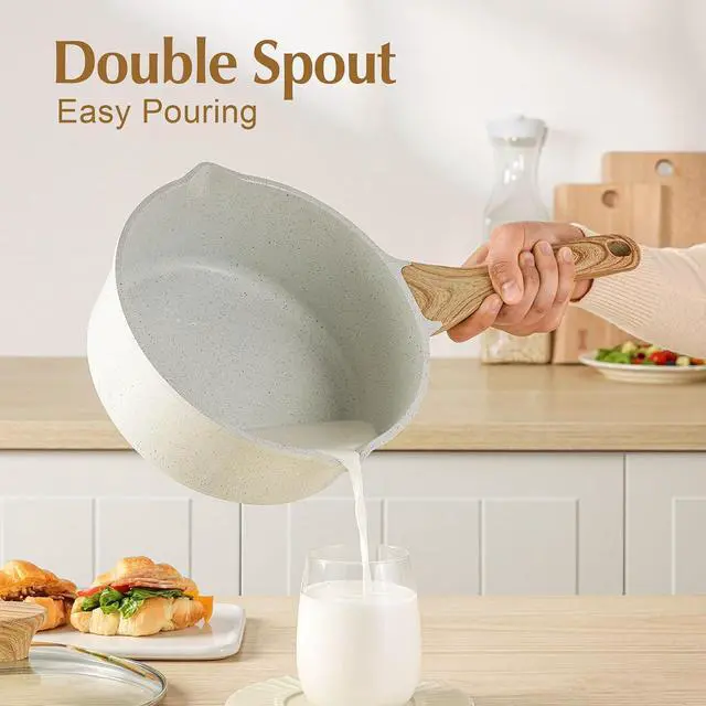 Alt view image 2 of 7 - White Ceramic Nonstick Saucepan with Double Spout 3.0 Quarts, Cooking Pot with Stay Cool Handle, Induction Compatible Saucepot, White Granite Coating, Free of Intentionally Added PFOA/PFAS