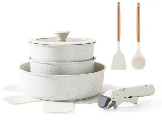 Main image of 9 Piece Pots and Pans Set, Nonstick Detachable Handle Cookware, Induction Kitchen Cookware Set with Removable Handle, Healthy Non Stick for RV, Dishwasher Oven Safe (White)