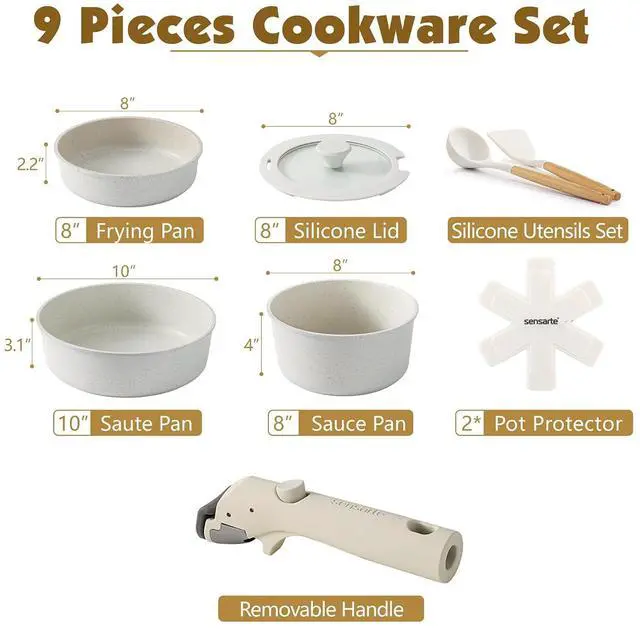 Alt view image 2 of 7 - 9 Piece Pots and Pans Set, Nonstick Detachable Handle Cookware, Induction Kitchen Cookware Set with Removable Handle, Healthy Non Stick for RV, Dishwasher Oven Safe (White)