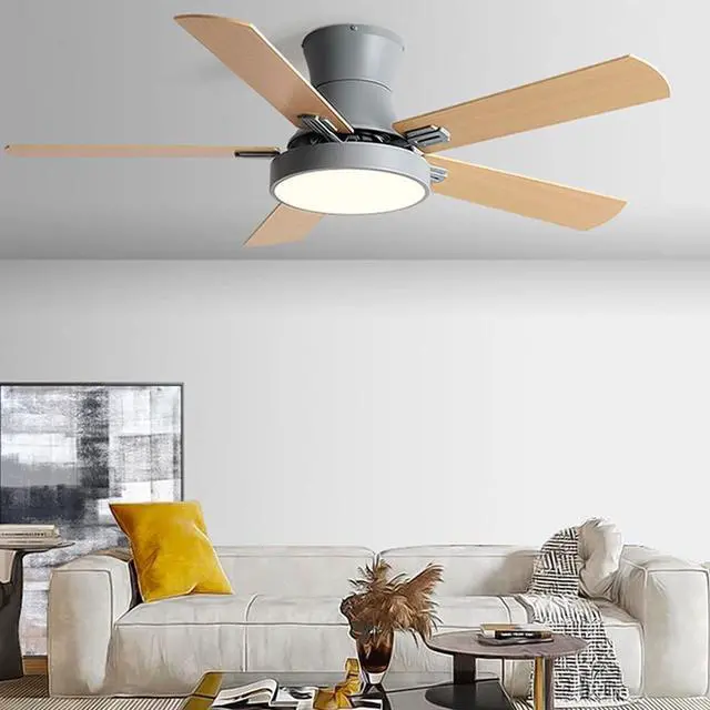 Alt view image 2 of 6 - Flush Mount Ceiling Fan with Lights Wood Modern Ceiling Fan with Remote 42 Inch Mute Ceiling Fans with Lights for Bedroom Outdoor Ceiling Fans for Patios with Light