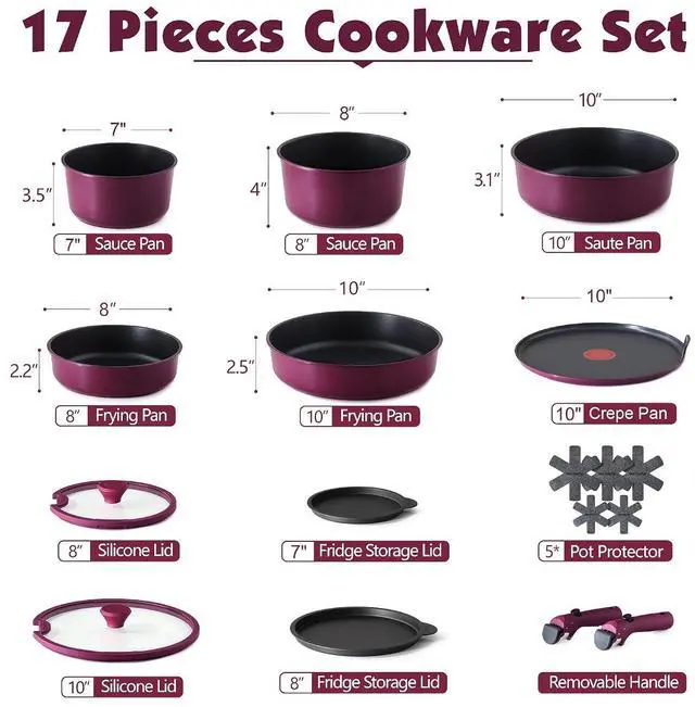 Alt view image 2 of 7 - 17 Piece Pots and Pans Set, Nonstick Detachable Handle Cookware Set, Induction Thermo-Signal Cookware Set with Removable Handle, Healthy Non Stick for RV, Dishwasher Oven Safe (Purple)