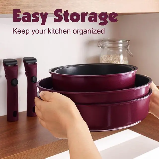 Alt view image 3 of 7 - 17 Piece Pots and Pans Set, Nonstick Detachable Handle Cookware Set, Induction Thermo-Signal Cookware Set with Removable Handle, Healthy Non Stick for RV, Dishwasher Oven Safe (Purple)