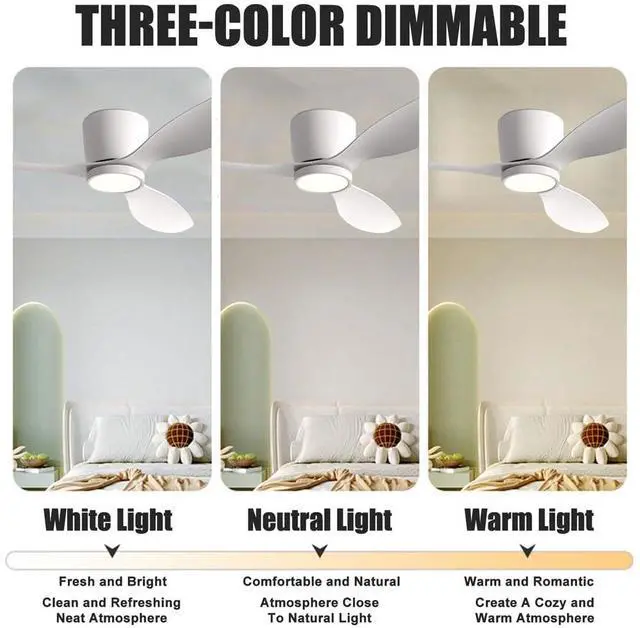 Alt view image 4 of 7 - 36 inch Flush Mount Ceiling Fan with Lights Low Profile Ceiling Fan with Lights and Remote Control, Reversible, 3CCT, 6 Speeds, Noiseless Ceiling Fan for Bedroom Living Room, Indoor &Outdoor