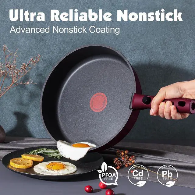 Alt view image 4 of 7 - 17 Piece Pots and Pans Set, Nonstick Detachable Handle Cookware Set, Induction Thermo-Signal Cookware Set with Removable Handle, Healthy Non Stick for RV, Dishwasher Oven Safe (Purple)