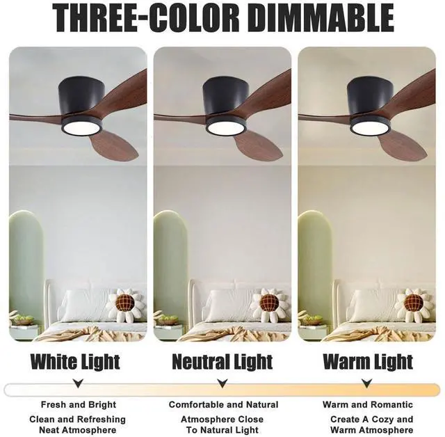 Alt view image 4 of 7 - 36 inch Flush Mount Ceiling Fan with Lights Low Profile Ceiling Fan with Lights and Remote Control, Reversible, 3CCT, 6 Speeds, Noiseless Ceiling Fan for Bedroom Living Room, Indoor &Outdoor