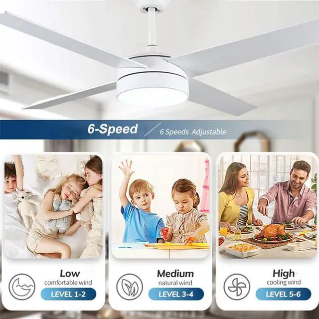 Alt view image 4 of 7 - Ceiling Fan with Lights, Modern 42 inch Ceiling Fans with Lights and Remote, 4-Blade Reversible, 6 Speeds, Noiseless, White Ceiling Fans for Bedroom Living Room Kids Room