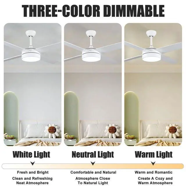 Alt view image 5 of 7 - Ceiling Fan with Lights, Modern 42 inch Ceiling Fans with Lights and Remote, 4-Blade Reversible, 6 Speeds, Noiseless, White Ceiling Fans for Bedroom Living Room Kids Room