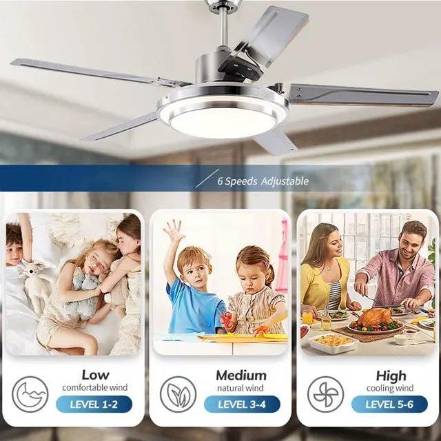 Alt view image 6 of 7 - Stainless steel Ceiling Fan with Lights and Remote 52 inch 5-Blade Ceiling Fans Reversible, 3CCT, Dimmable, Noiseless for Bedroom, Farmhouse, living room, Indoor/Outdoor Use