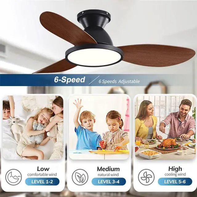 Alt view image 3 of 7 - 36 inch Flush Mount Ceiling Fans with Lights Low Profile Indoor Ceiling Fan with Light and Remote,Noiseless,Reversible DC Motor, 6 Speeds, Dimmable, Modern Ceiling Fans for Bedroom Living Room