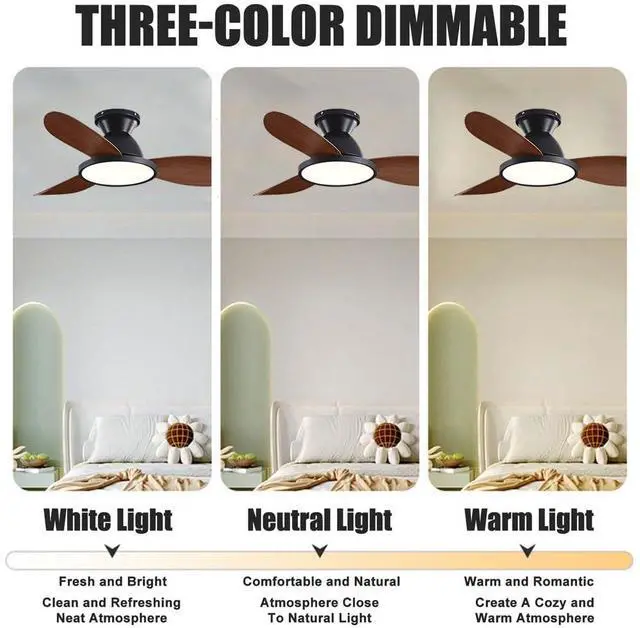 Alt view image 5 of 7 - 36 inch Flush Mount Ceiling Fans with Lights Low Profile Indoor Ceiling Fan with Light and Remote,Noiseless,Reversible DC Motor, 6 Speeds, Dimmable, Modern Ceiling Fans for Bedroom Living Room
