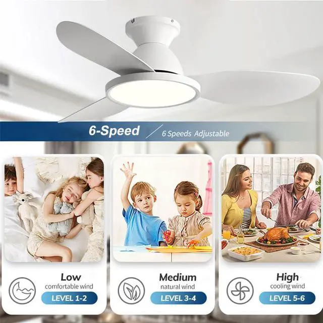 Alt view image 3 of 7 - 36 inch Flush Mount Ceiling Fans with Lights Low Profile Indoor Ceiling Fan with Light and Remote,Noiseless,Reversible DC Motor, 6 Speeds, Dimmable, Modern Ceiling Fans for Bedroom Living Room