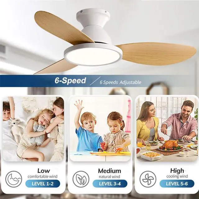 Alt view image 3 of 7 - 36 inch Flush Mount Ceiling Fans with Lights Low Profile Indoor Ceiling Fan with Light and Remote,Noiseless,Reversible DC Motor, 6 Speeds, Dimmable, Modern Ceiling Fans for Bedroom Living Room
