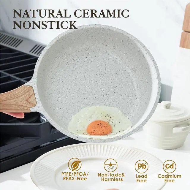 Alt view image 2 of 7 - 9.5 Inch Nonstick Ceramic Frying Pan Skillet,Induction Compatible,4.5QT Ceramic Nonstick Stock Pot with Lid,PFOA PFAS PTFE Free