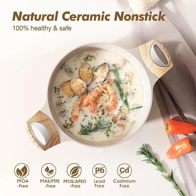 Alt view image 5 of 7 - 9.5inch Ceramic Nonstick Frying Pan Skillet, 4.5QT Soup Pot Kitchen Cooking Casserole, Free of Intentionally Added PFOA/PFAS/PTFE, Induction Compatible