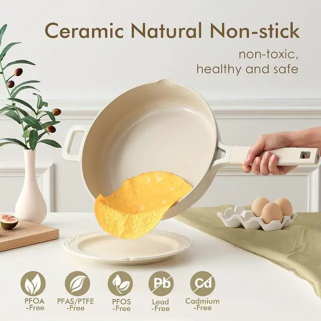 Alt view image 4 of 7 - Ceramic Nonstick Cookware Set 15 Piece, includes 11 Inch Omelet Pan with Lid, Induction Compatible Frying Pan Skillet
