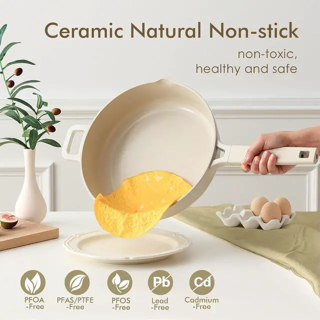 Alt view image 2 of 7 - Ceramic Cookware Set Non-toxic 14 Pcs, Nonstick Pots and Pans Set, Dishwasher Safe Induction Cookware, Healthy Kitchen Cooking Set w/Die-cast Lids, PFOA/PFAS/PTFE Free