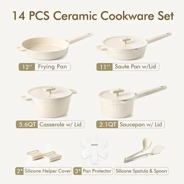 Alt view image 3 of 7 - Ceramic Cookware Set Non-toxic 14 Pcs, Nonstick Pots and Pans Set, Dishwasher Safe Induction Cookware, Healthy Kitchen Cooking Set w/Die-cast Lids, PFOA/PFAS/PTFE Free