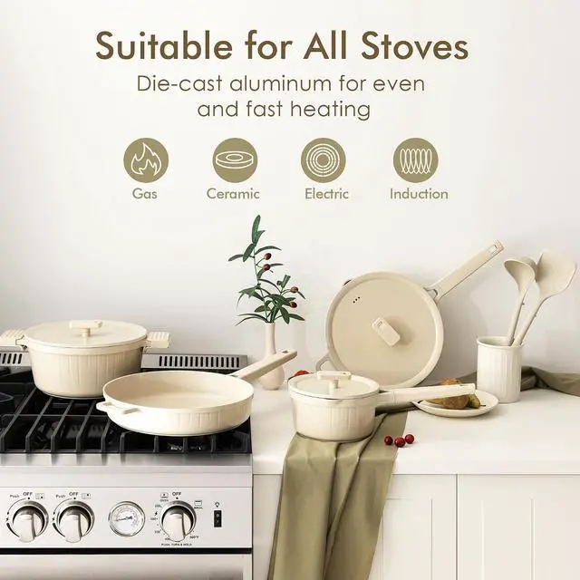 Alt view image 6 of 7 - Ceramic Nonstick Cookware Set 15 Piece, includes 11 Inch Omelet Pan with Lid, Induction Compatible Frying Pan Skillet