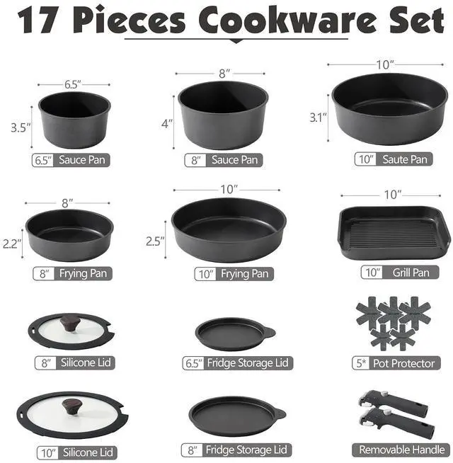 Alt view image 2 of 7 - 17 Piece Pots and Pans Set,Nonstick Detachable Handle Cookware Set,SENSARTE 4.5QT Nonstick Stock Pot with Lid,Induction Compatible