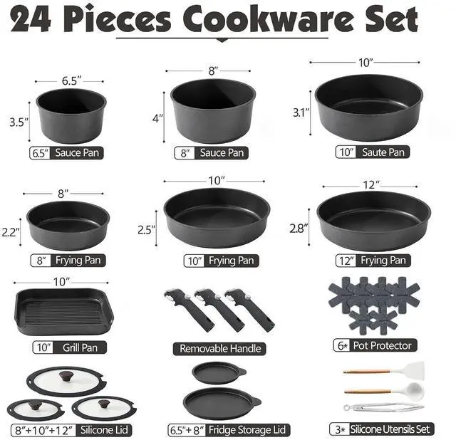 Alt view image 2 of 7 - 24 Piece Pots and Pans Set,Nonstick Detachable Handle Cookware,4.5QT Nonstick Stock Pot with Lid,Induction Compatible, PFOA PFOS APEO Free