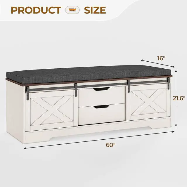 Alt view image 2 of 7 - 60 Farmhouse Storage Bench with Cushion, Shoe Rack with Slide Barn Doors, Adjustable Shelf and 2 Drawer for Entry, Bedroom, Closet, Living Room, Hallway (White Brown, 60 in)