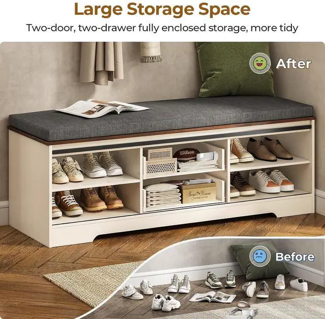 Alt view image 3 of 7 - 60 Farmhouse Storage Bench with Cushion, Shoe Rack with Slide Barn Doors, Adjustable Shelf and 2 Drawer for Entry, Bedroom, Closet, Living Room, Hallway (White Brown, 60 in)