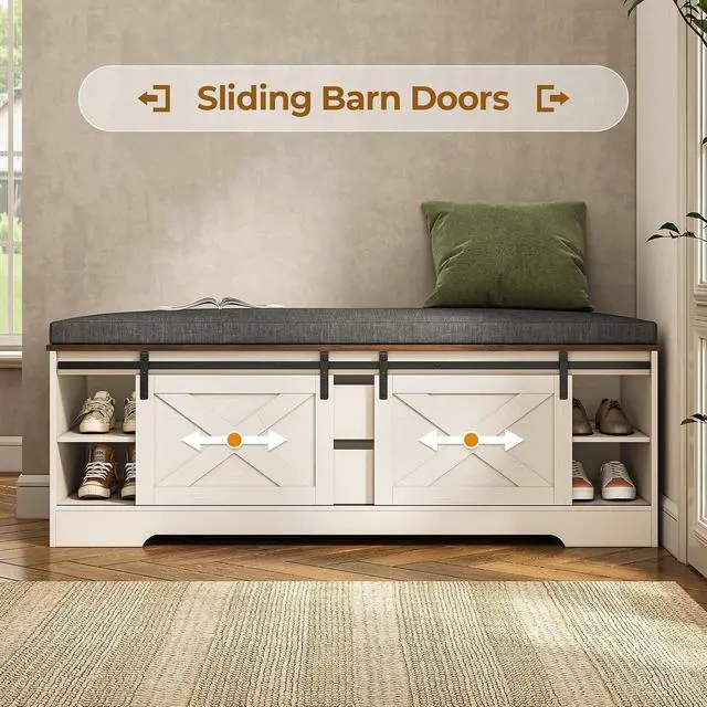 Alt view image 5 of 7 - 60 Farmhouse Storage Bench with Cushion, Shoe Rack with Slide Barn Doors, Adjustable Shelf and 2 Drawer for Entry, Bedroom, Closet, Living Room, Hallway (White Brown, 60 in)