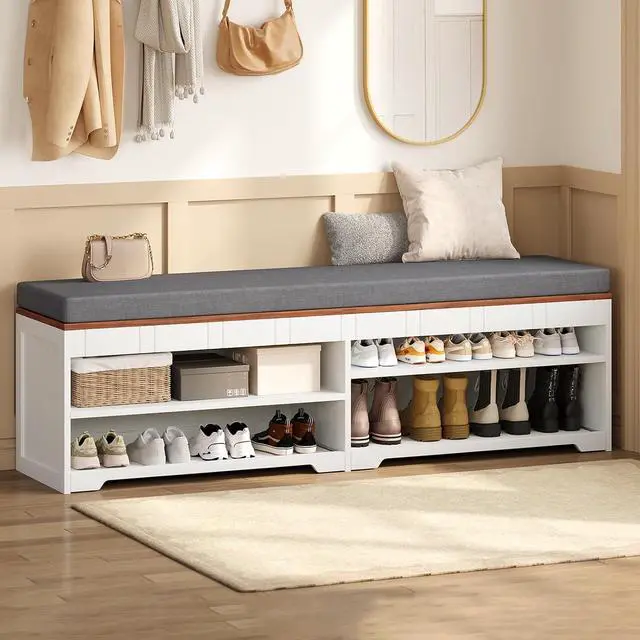 Main image of 60" Farmhouse 2-Tier Storage Bench with Drawer, Entryway Bench & End of Bed, Lift-Top Storage Chest, Cushion, Adjustable Shelf for Entryway, Bedroom, Living Room (White)