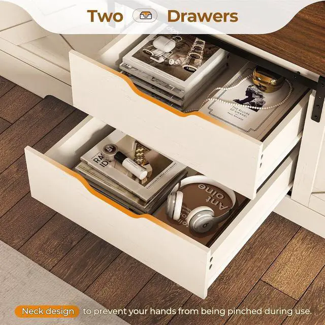 Alt view image 7 of 7 - 60 Farmhouse Storage Bench with Cushion, Shoe Rack with Slide Barn Doors, Adjustable Shelf and 2 Drawer for Entry, Bedroom, Closet, Living Room, Hallway (White Brown, 60 in)