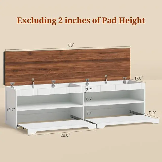 Alt view image 2 of 7 - 60" Farmhouse 2-Tier Storage Bench with Drawer, Entryway Bench & End of Bed, Lift-Top Storage Chest, Cushion, Adjustable Shelf for Entryway, Bedroom, Living Room (White)