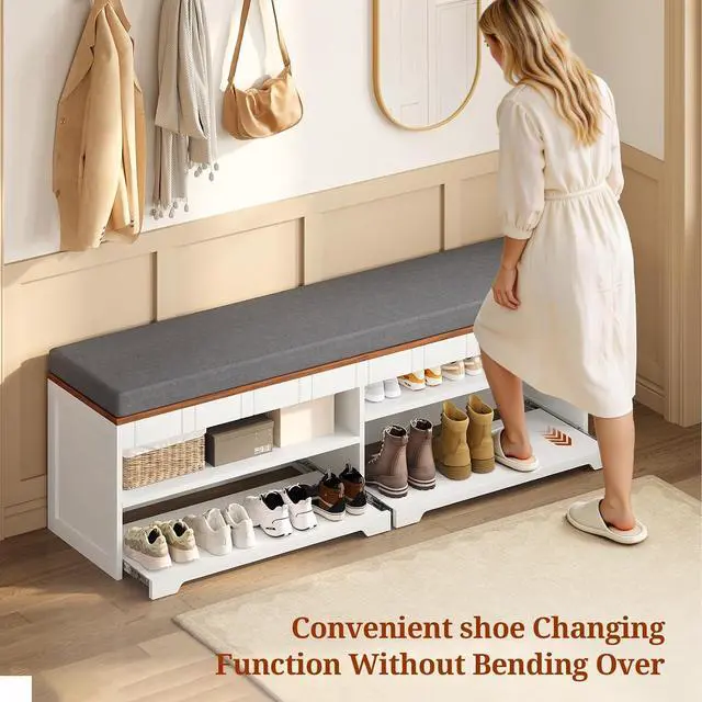 Alt view image 3 of 7 - 60" Farmhouse 2-Tier Storage Bench with Drawer, Entryway Bench & End of Bed, Lift-Top Storage Chest, Cushion, Adjustable Shelf for Entryway, Bedroom, Living Room (White)