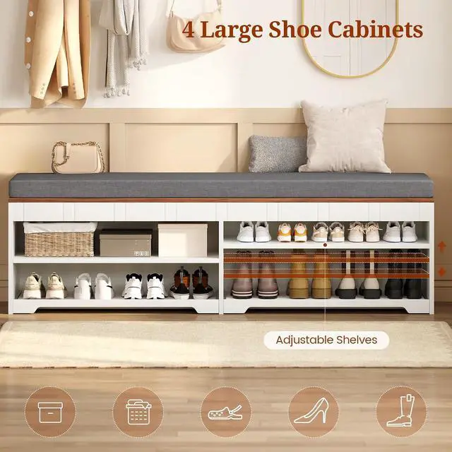 Alt view image 5 of 7 - 60" Farmhouse 2-Tier Storage Bench with Drawer, Entryway Bench & End of Bed, Lift-Top Storage Chest, Cushion, Adjustable Shelf for Entryway, Bedroom, Living Room (White)