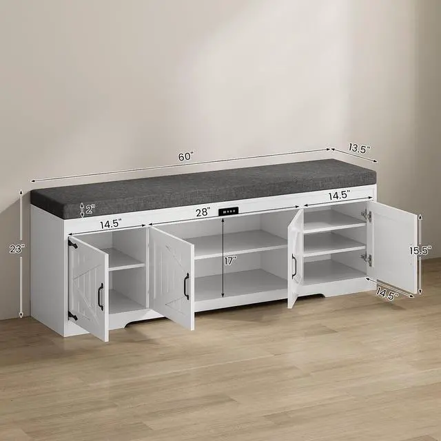Alt view image 2 of 7 - 60 Farmhouse Shoe Storage Bench with Deodorizing, Entryway Storage Bench with Cushion Seat, 4 Doors Freestanding Hidden Shoe Rack, Adjustable Shelf, for Bedroom, Living Room (White, 60IN)