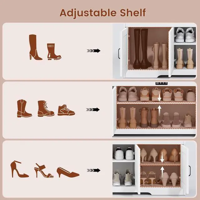 Alt view image 5 of 7 - 60 Farmhouse Shoe Storage Bench with Deodorizing, Entryway Storage Bench with Cushion Seat, 4 Doors Freestanding Hidden Shoe Rack, Adjustable Shelf, for Bedroom, Living Room (White, 60IN)
