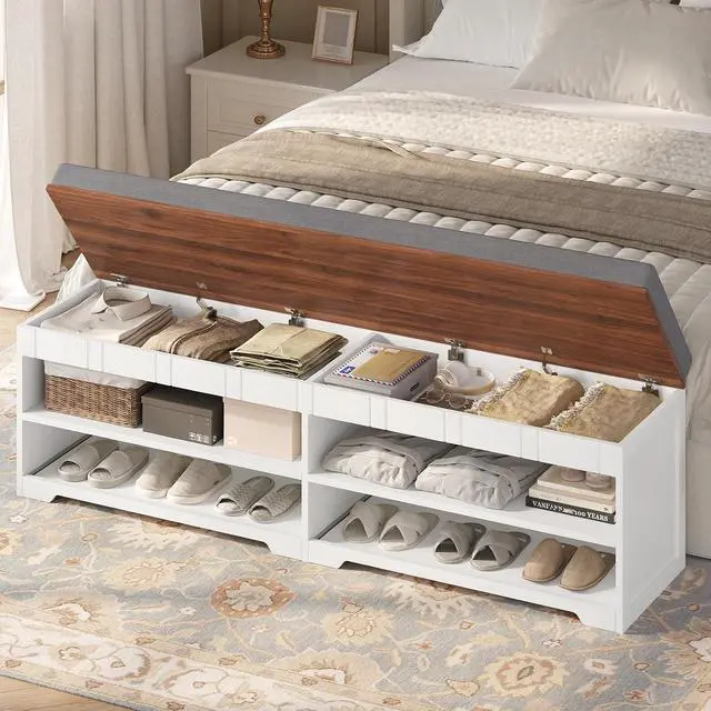 Alt view image 6 of 7 - 60" Farmhouse 2-Tier Storage Bench with Drawer, Entryway Bench & End of Bed, Lift-Top Storage Chest, Cushion, Adjustable Shelf for Entryway, Bedroom, Living Room (White)