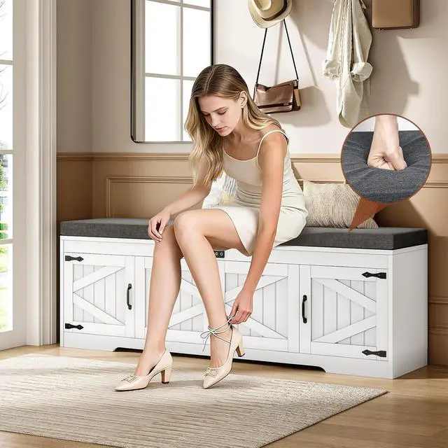 Alt view image 6 of 7 - 60 Farmhouse Shoe Storage Bench with Deodorizing, Entryway Storage Bench with Cushion Seat, 4 Doors Freestanding Hidden Shoe Rack, Adjustable Shelf, for Bedroom, Living Room (White, 60IN)