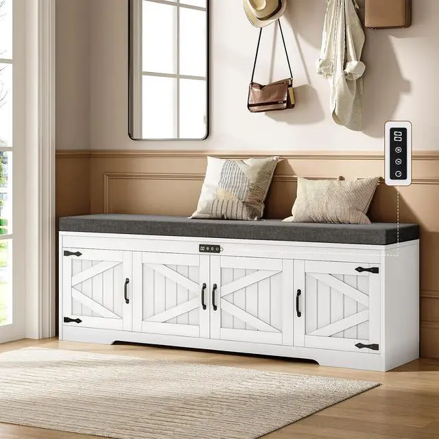 Main image of 60 Farmhouse Shoe Storage Bench with Deodorizing, Entryway Storage Bench with Cushion Seat, 4 Doors Freestanding Hidden Shoe Rack, Adjustable Shelf, for Bedroom, Living Room (White, 60IN)