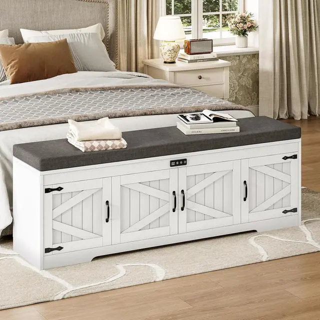 Alt view image 7 of 7 - 60 Farmhouse Shoe Storage Bench with Deodorizing, Entryway Storage Bench with Cushion Seat, 4 Doors Freestanding Hidden Shoe Rack, Adjustable Shelf, for Bedroom, Living Room (White, 60IN)