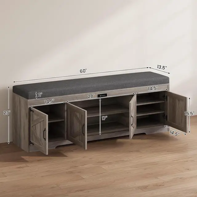 Alt view image 2 of 7 - 60 Farmhouse Shoe Storage Bench with Deodorizing, Entryway Storage Bench with Cushion Seat, 4 Doors Freestanding Hidden Shoe Rack, Adjustable Shelf, for Bedroom, Living Room (Gray Wash, 60IN)