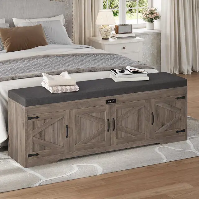 Alt view image 4 of 7 - 60 Farmhouse Shoe Storage Bench with Deodorizing, Entryway Storage Bench with Cushion Seat, 4 Doors Freestanding Hidden Shoe Rack, Adjustable Shelf, for Bedroom, Living Room (Gray Wash, 60IN)