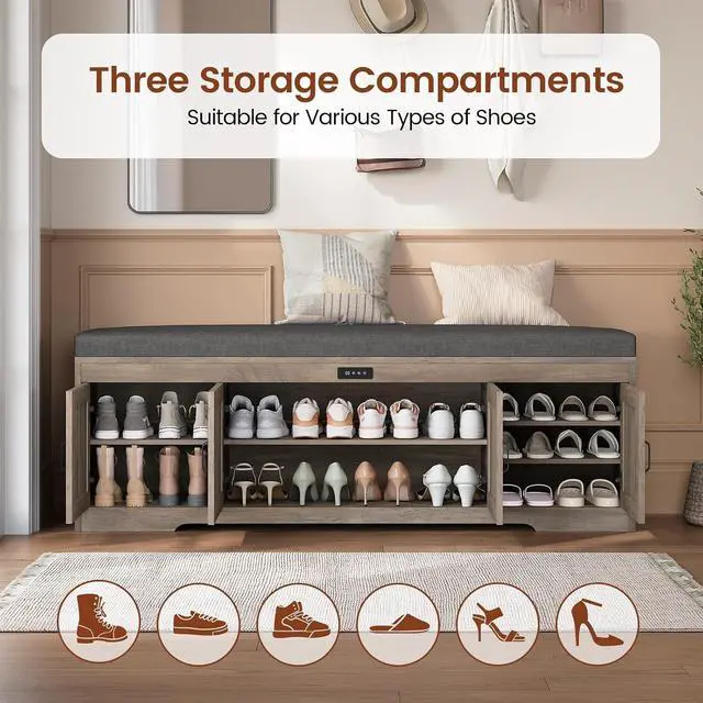 Alt view image 6 of 7 - 60 Farmhouse Shoe Storage Bench with Deodorizing, Entryway Storage Bench with Cushion Seat, 4 Doors Freestanding Hidden Shoe Rack, Adjustable Shelf, for Bedroom, Living Room (Gray Wash, 60IN)