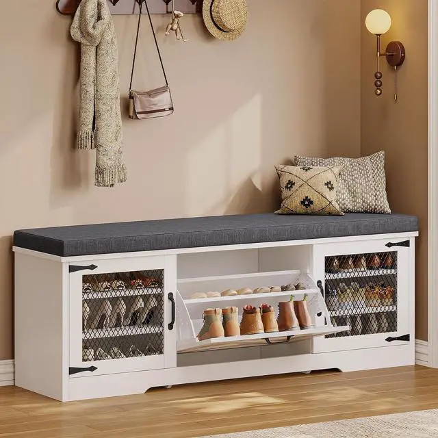 Main image of Farmhouse Storage Bench with Flip Drawers & Padded Seat Cushion, Half Hidden Shoe Rack Organizer, Adjustable Shelf Shoe Cabinet for Entryway, Bedroom, Living Room (White, 57IN)