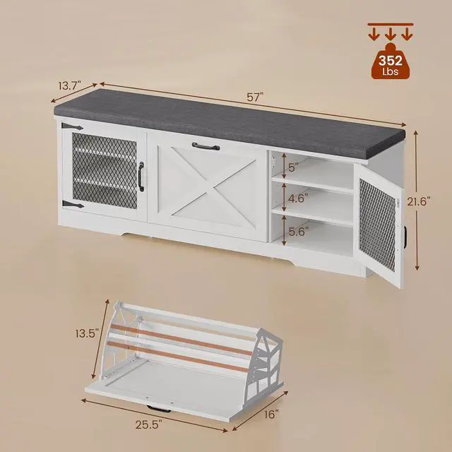 Alt view image 2 of 7 - Farmhouse Storage Bench with Flip Drawers & Padded Seat Cushion, Half Hidden Shoe Rack Organizer, Adjustable Shelf Shoe Cabinet for Entryway, Bedroom, Living Room (White, 57IN)