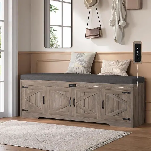 Main image of 60 Farmhouse Shoe Storage Bench with Deodorizing, Entryway Storage Bench with Cushion Seat, 4 Doors Freestanding Hidden Shoe Rack, Adjustable Shelf, for Bedroom, Living Room (Gray Wash, 60IN)