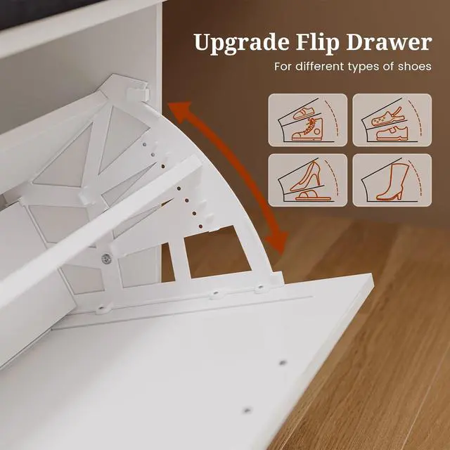 Alt view image 4 of 7 - Farmhouse Storage Bench with Flip Drawers & Padded Seat Cushion, Half Hidden Shoe Rack Organizer, Adjustable Shelf Shoe Cabinet for Entryway, Bedroom, Living Room (White, 57IN)