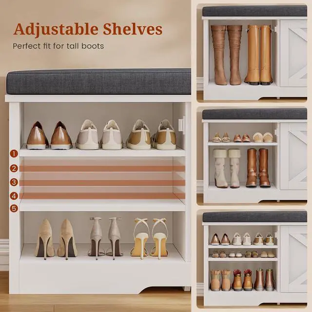 Alt view image 5 of 7 - Farmhouse Storage Bench with Flip Drawers & Padded Seat Cushion, Half Hidden Shoe Rack Organizer, Adjustable Shelf Shoe Cabinet for Entryway, Bedroom, Living Room (White, 57IN)