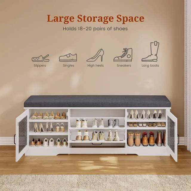 Alt view image 6 of 7 - Farmhouse Storage Bench with Flip Drawers & Padded Seat Cushion, Half Hidden Shoe Rack Organizer, Adjustable Shelf Shoe Cabinet for Entryway, Bedroom, Living Room (White, 57IN)
