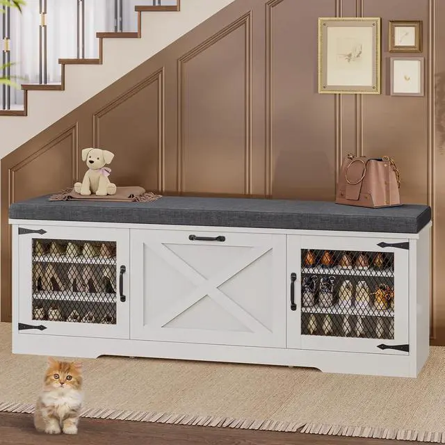 Alt view image 7 of 7 - Farmhouse Storage Bench with Flip Drawers & Padded Seat Cushion, Half Hidden Shoe Rack Organizer, Adjustable Shelf Shoe Cabinet for Entryway, Bedroom, Living Room (White, 57IN)
