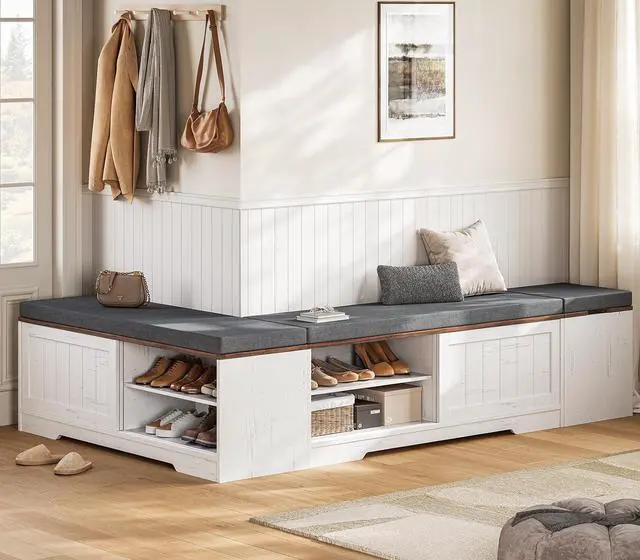 Alt view image 3 of 7 - Farmhouse L Shaped Corner Shoe Storage Bench with Cushion Entryway Shoe Rack with Slide Barn Doors, Adjustable Shelf and 1 Cabinet for Entryway Dining Room, Kitchen, Bedroom (White-Brown)