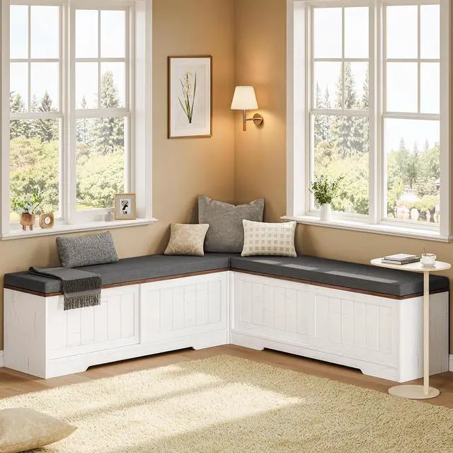 Main image of Farmhouse L Shaped Corner Shoe Storage Bench with Cushion Entryway Shoe Rack with Slide Barn Doors, Adjustable Shelf and 1 Cabinet for Entryway Dining Room, Kitchen, Bedroom (White-Brown)